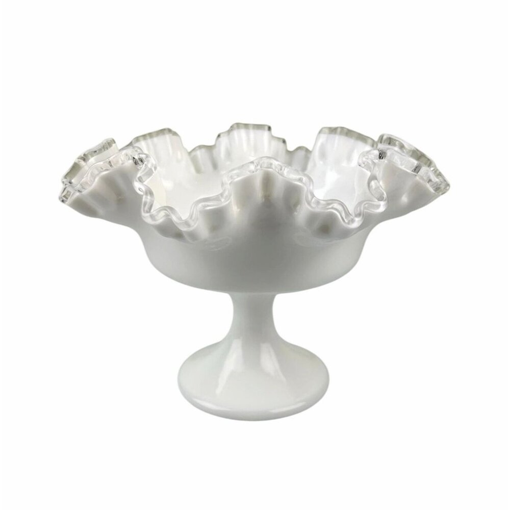 Fenton Silver Crest Pedestal Compote Bowl Clear Ribbon Ruffle White Milk Glass